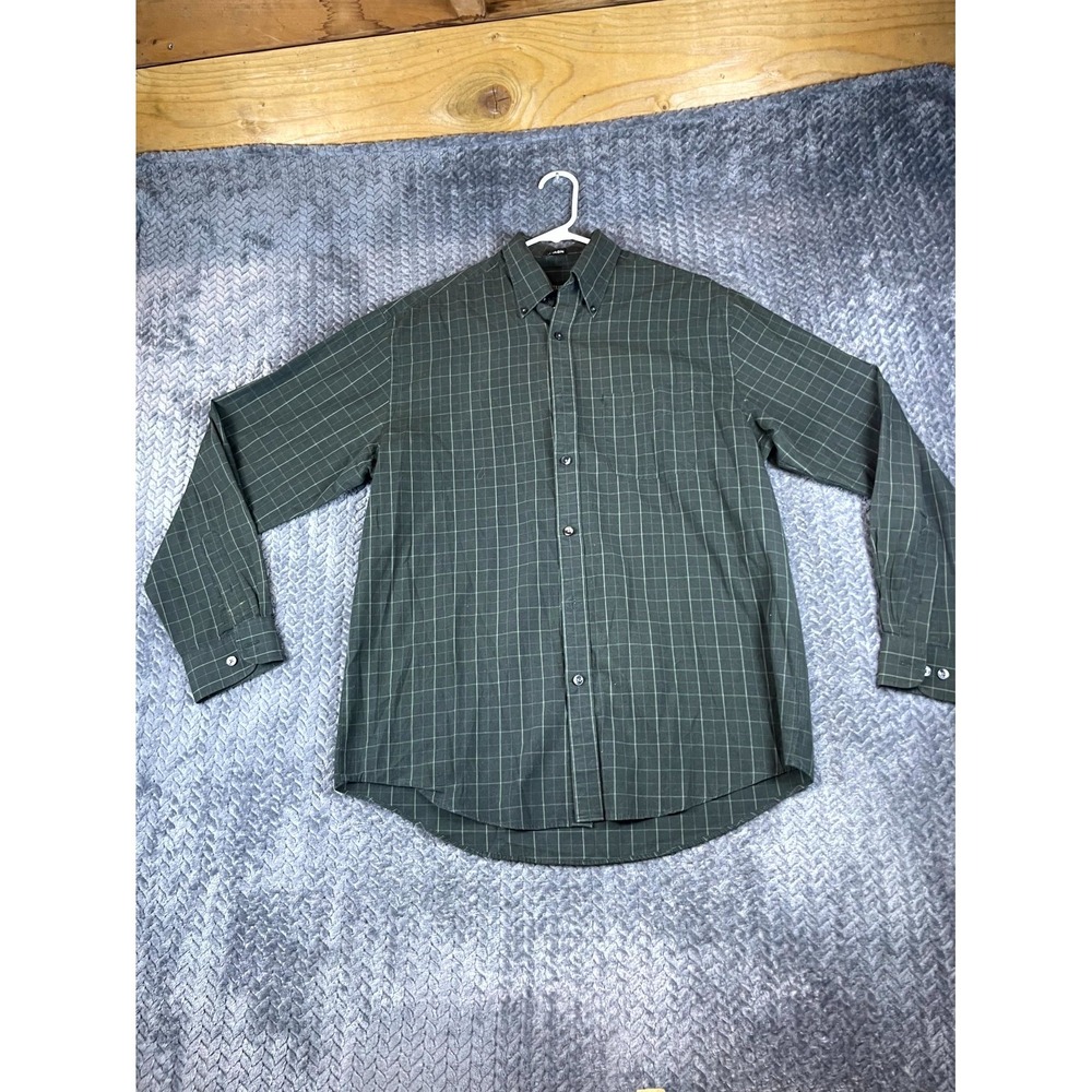 Van Heusen No Iron Dress Shirt Mens 15-15.5 Green Windowpane Plaid Cotton Formal